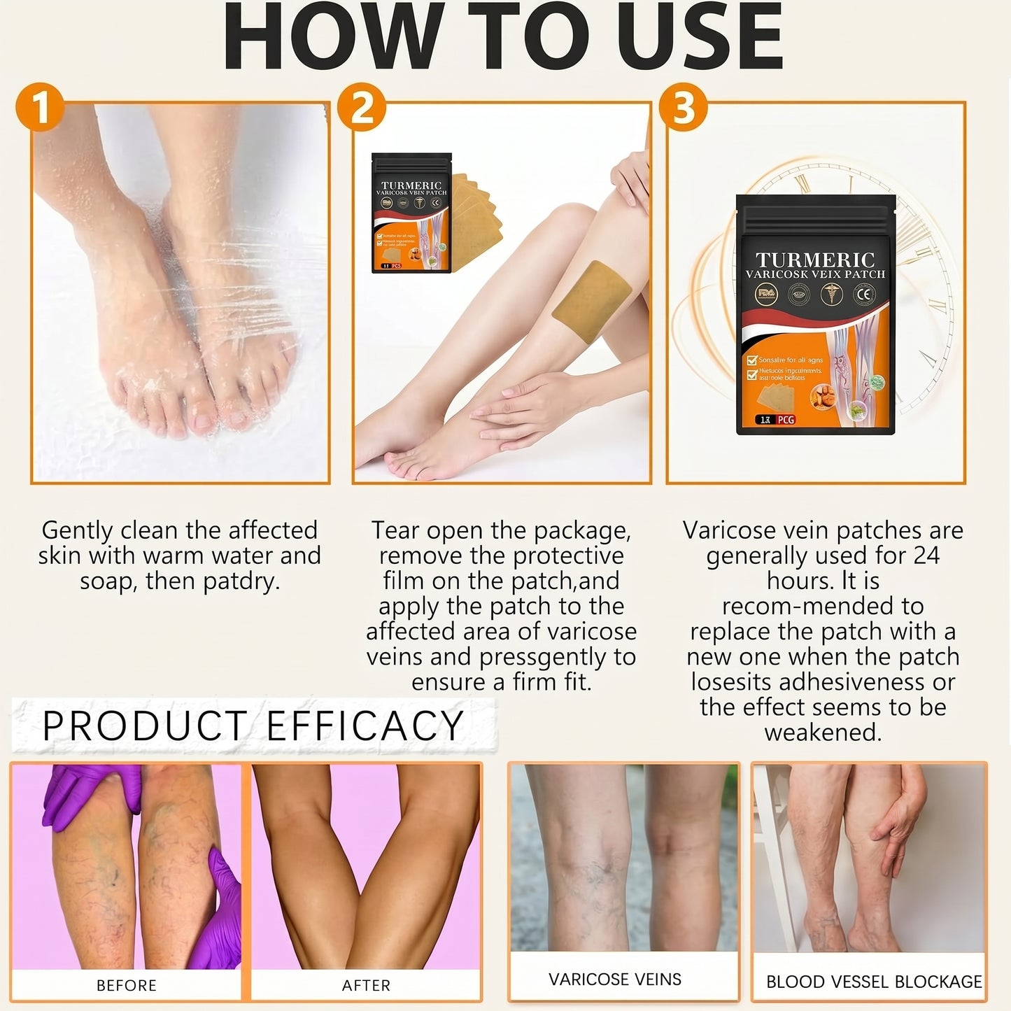 Varicose Veins Relief Patches - Reduces Swelling, Relieves Pain, Improves Blood Circulation & Vein Health
